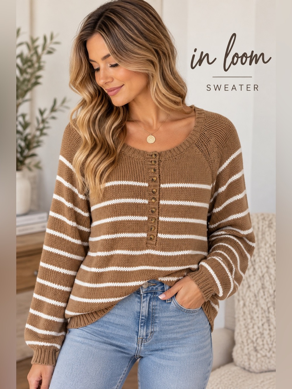 In Loom Brown Ivory Striped Henley Knit Sweater Size Large